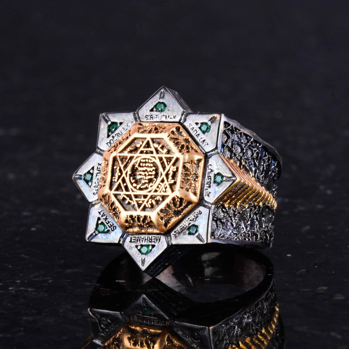 Handmade 925 Sterling Silver Men's Ring - Star of David and Seal of Solomon Design (Green Zircon) — 4