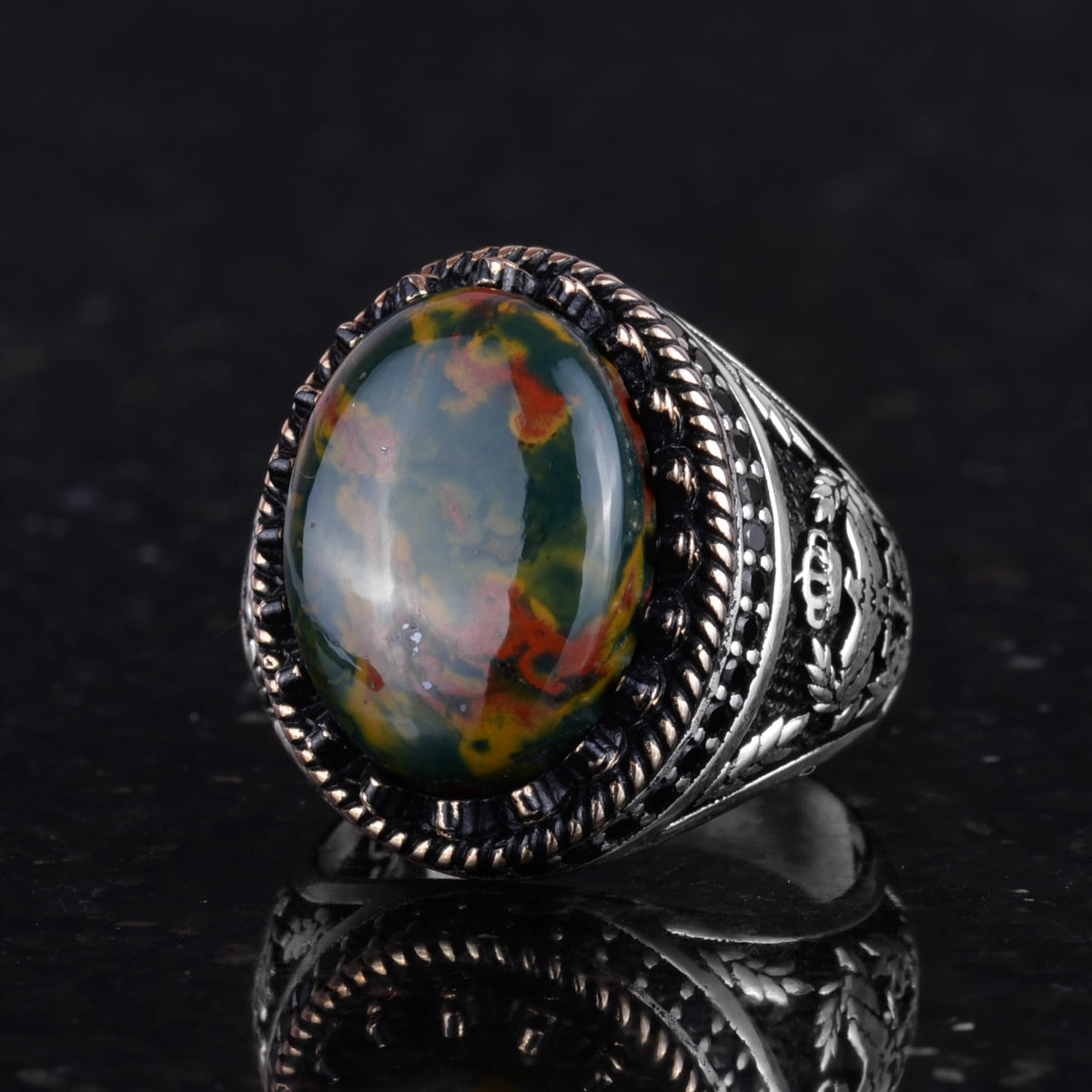 Natural Green Bloodstone Eagle Ring - 925 Sterling Silver — 6