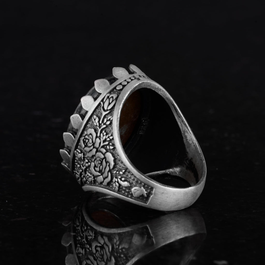 Natural Green Eye Stone Ring - Rose Pattern 925 Sterling Silver Handmade Ring — 7