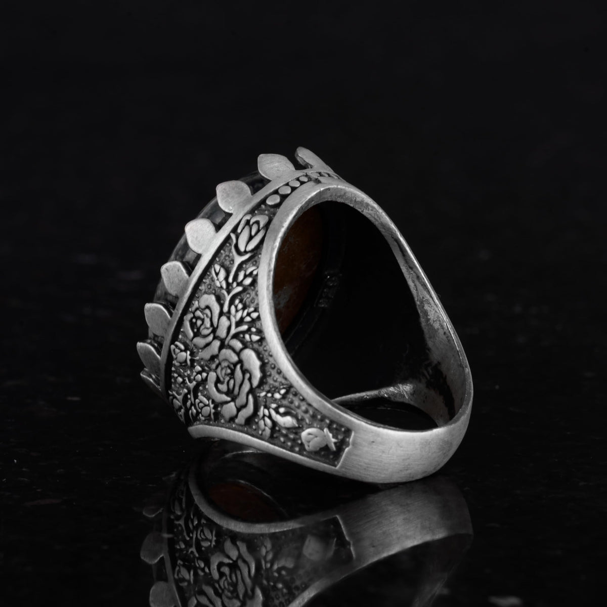 Natural Green Eye Stone Ring - Rose Pattern 925 Sterling Silver Handmade Ring — 7