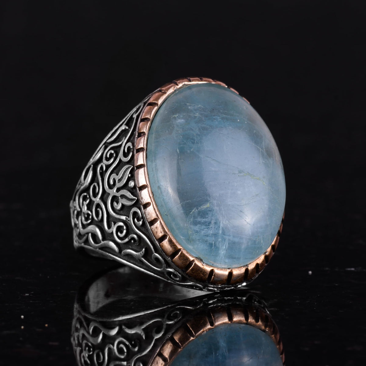 Natural Aquamarine Stone Ring, Sultan Ring, Peaceful 925 Sterling Silver Men's Ring — 5