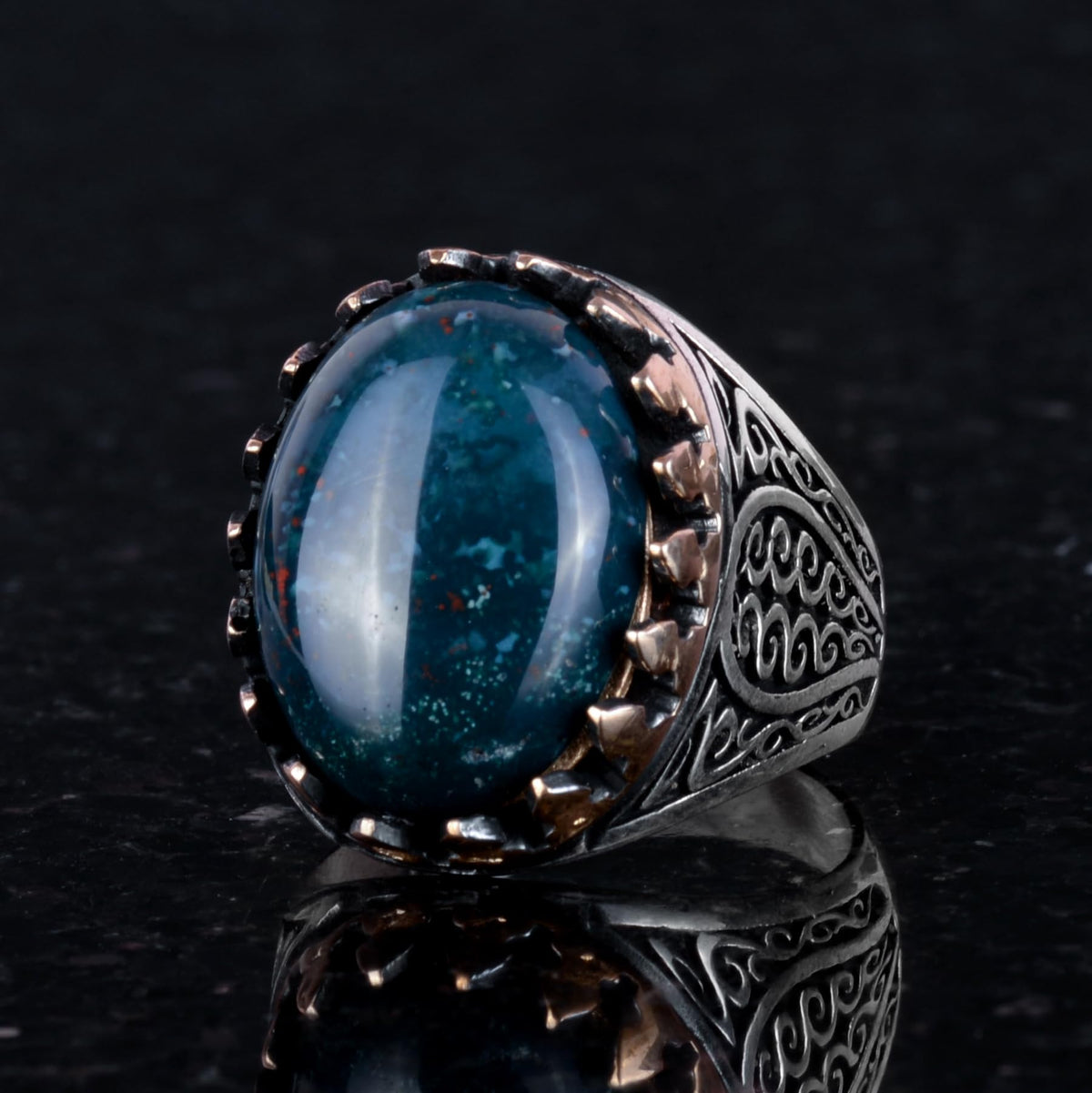 925 Sterling Silver Men's Ring - Handcrafted Elegance with Natural Green Blood Stone (Model-2) — 3
