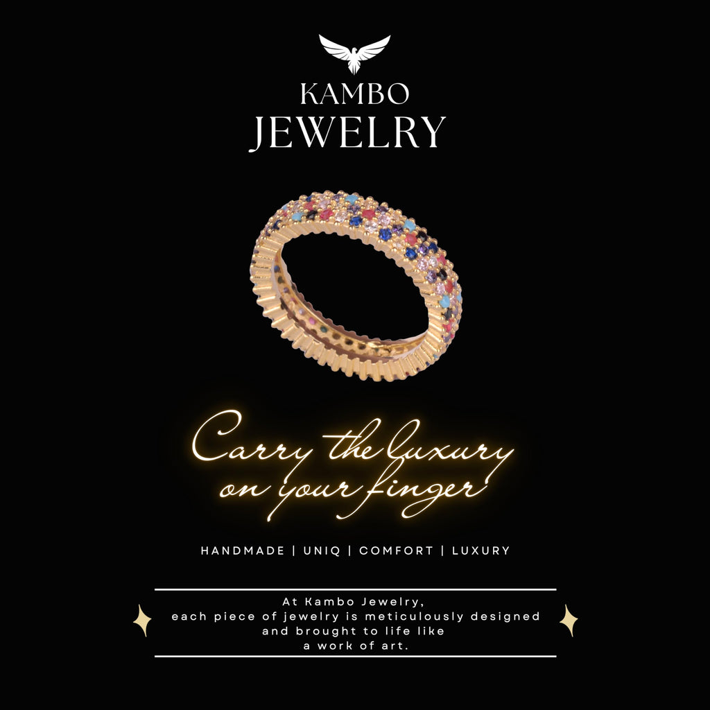 KAMBO 925 Sterling Silver Women's Thin Infinity Band – Gold Plated Multicolored Zircon Ring – Elegant Thin Anniversary Jewelry — 8