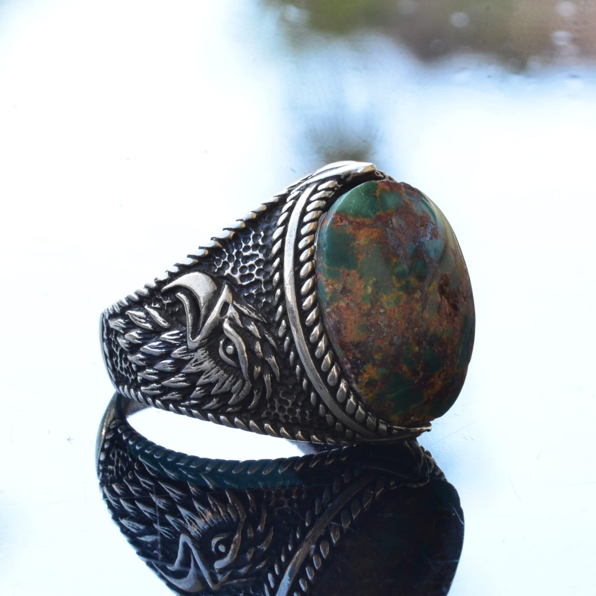 Natural Green Turquoise Hawk Design Ring - 925 Sterling Silver Handmade Men's Jewelry — 4