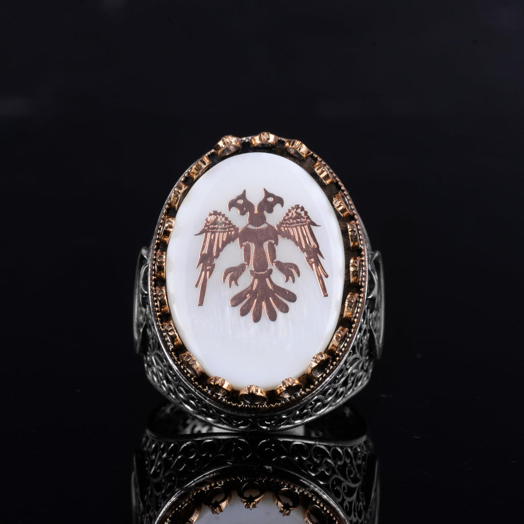 KAMBO Pearl Stone Men's Large Ring – 925 Sterling Silver Star and Moon Side Design (Double Headed Eagle) — 4