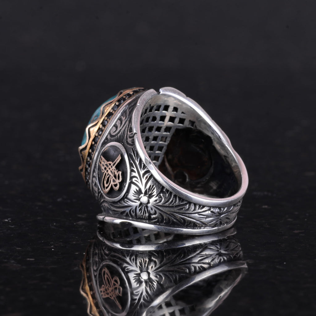 Natural Krysokolla Stone Ring - Ottoman Tugra Silver Ring — 6