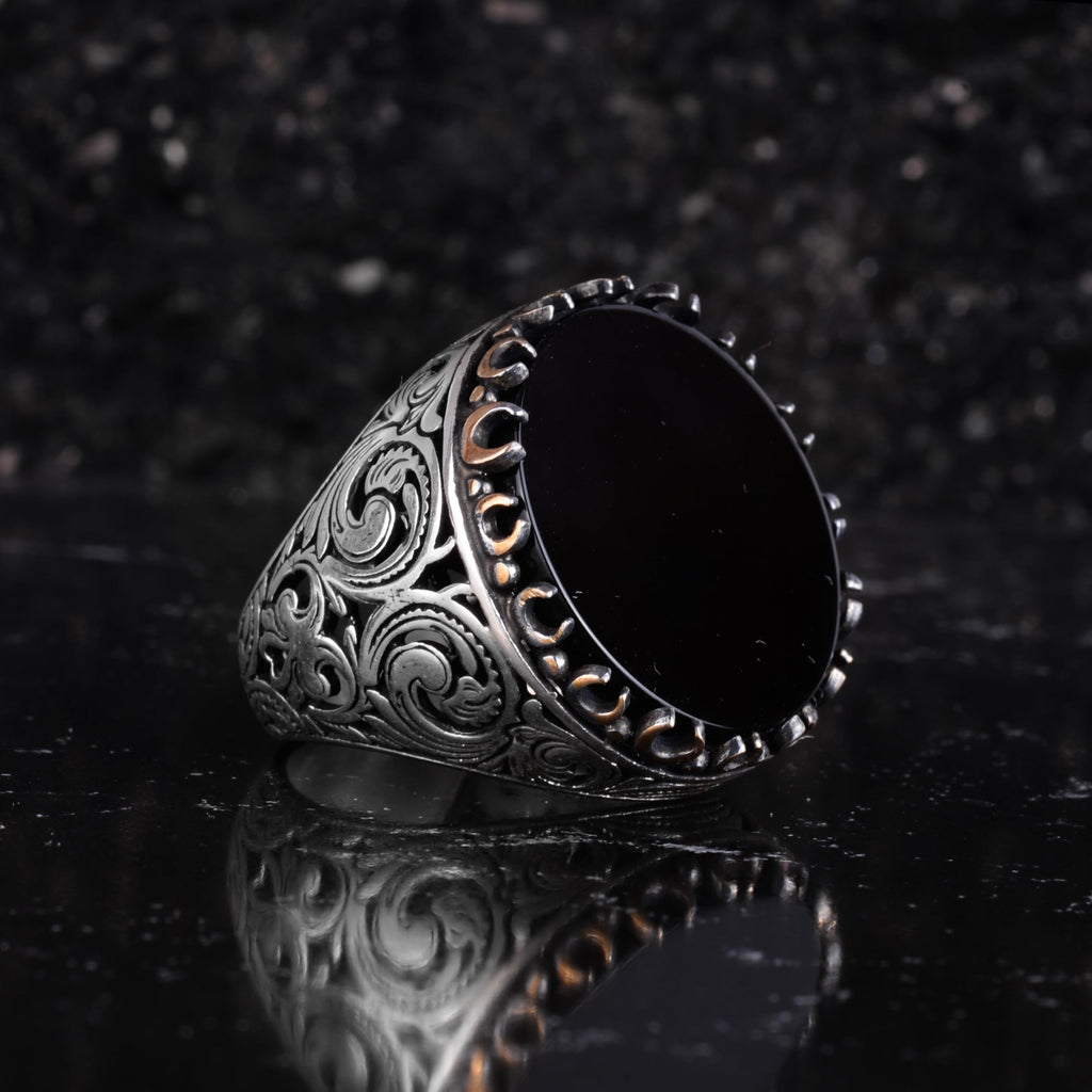 KAMBO Natural Stone Round Large Men's Ring – 925 Sterling Silver Handmade Ring – Statement Ring – Vintage Ottoman Style Men's Jewelry (Onyx) — 6