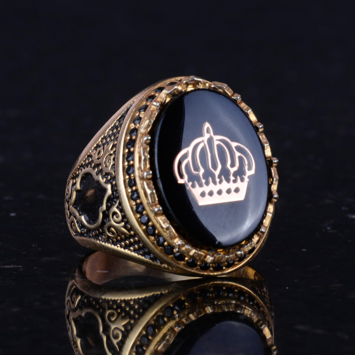 KAMBO Handmade Men's Crown Ring with Created Pearl, 925 Sterling Silver and Gold Plating, Vintage Flag Design, Statement