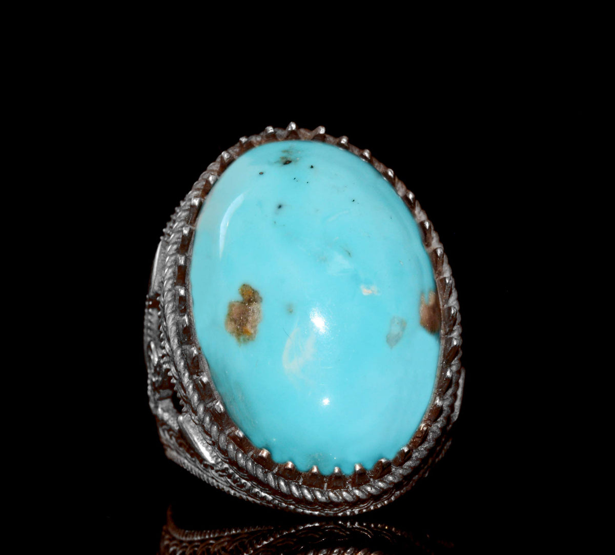 Silver Ring - Natural Turquoise Oval Stone, Ottoman Design — 5