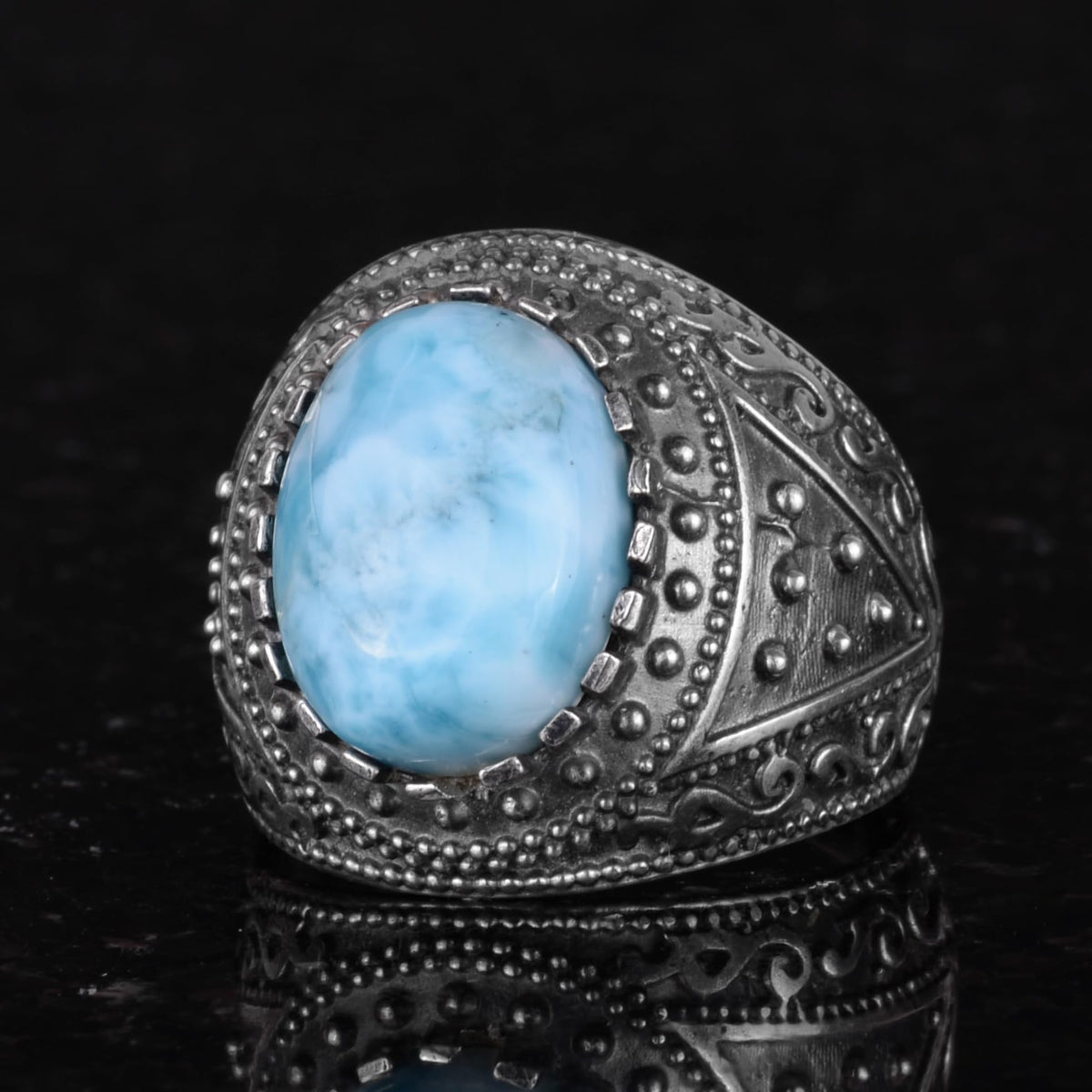 Natural Larimar Stone Ring, 925 Sterling Silver Men's Ring — 6