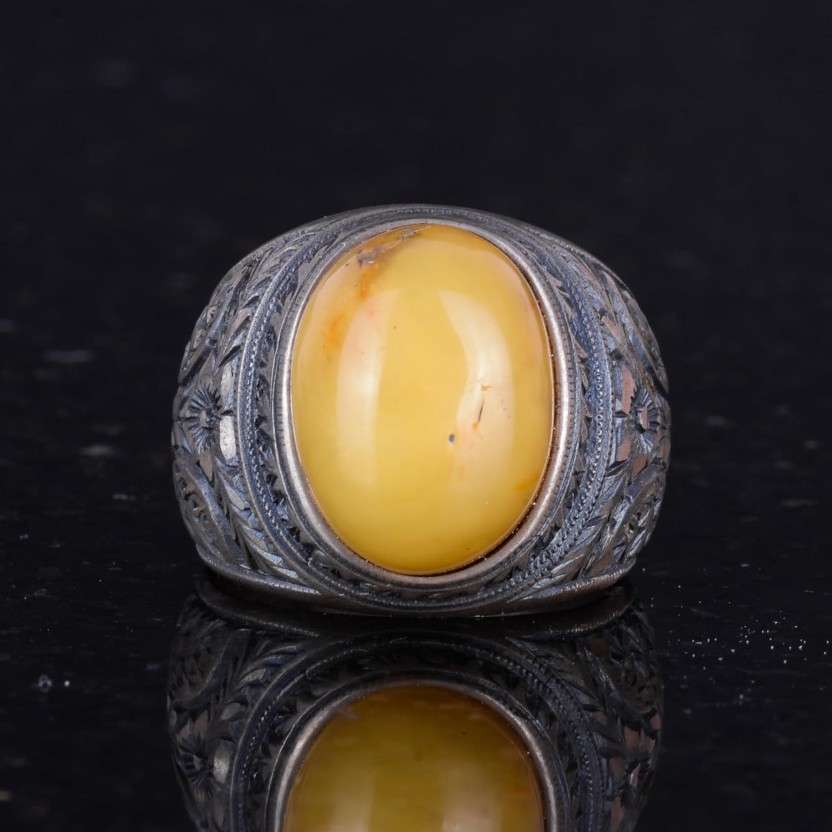 Kambo Natural Amber Gemstone Ring - 925 Sterling Silver Men's Ring - Handcrafted Anatolian Pattern Design — 4