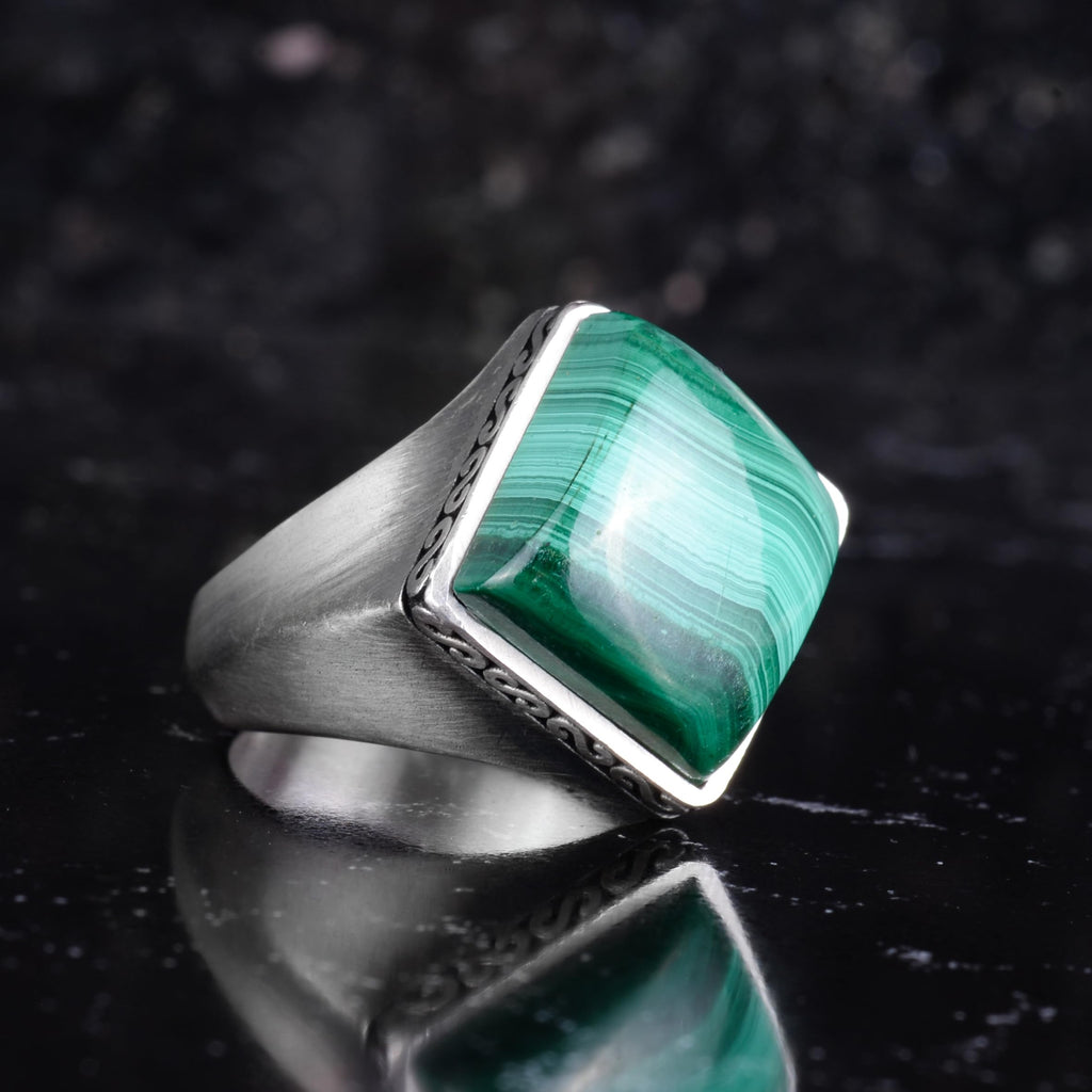 KAMBO Natural Stone Men's Ring 925 Sterling Silver – Square Cut Stone Handmade Minimalist Statement Ring (Malachite) — 6