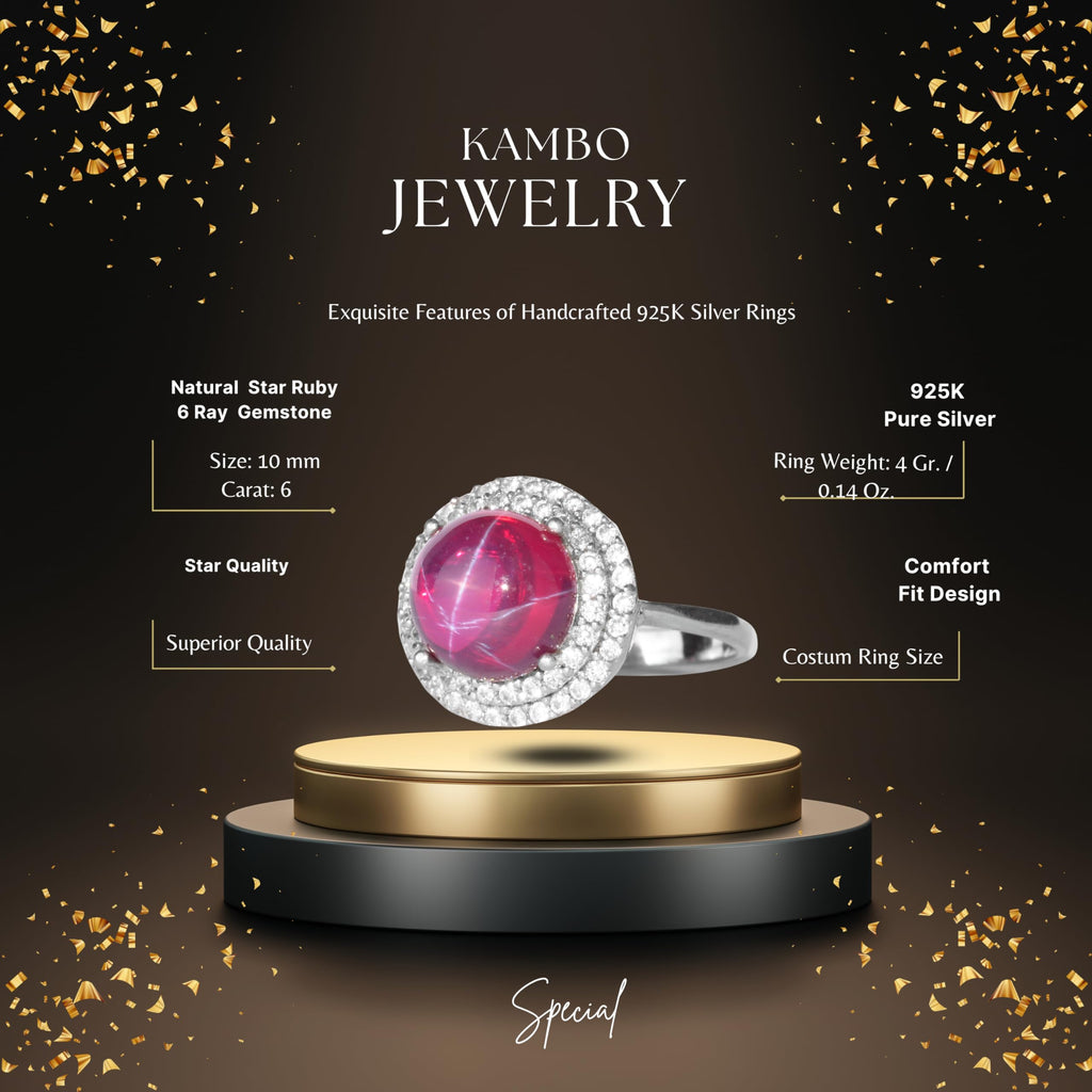 KAMBO Natural 6 Ray Star Ruby Stone Ring for Women 925 Sterling Silver Halo Design Elegant Handmade Ring Asterism Ruby — 2