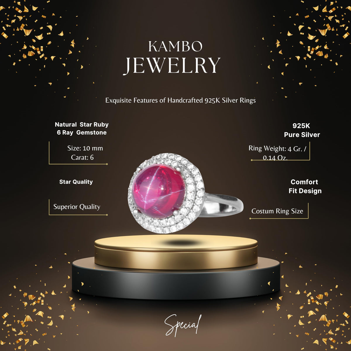 KAMBO Natural 6 Ray Star Ruby Stone Ring for Women 925 Sterling Silver Halo Design Elegant Handmade Ring Asterism Ruby — 2