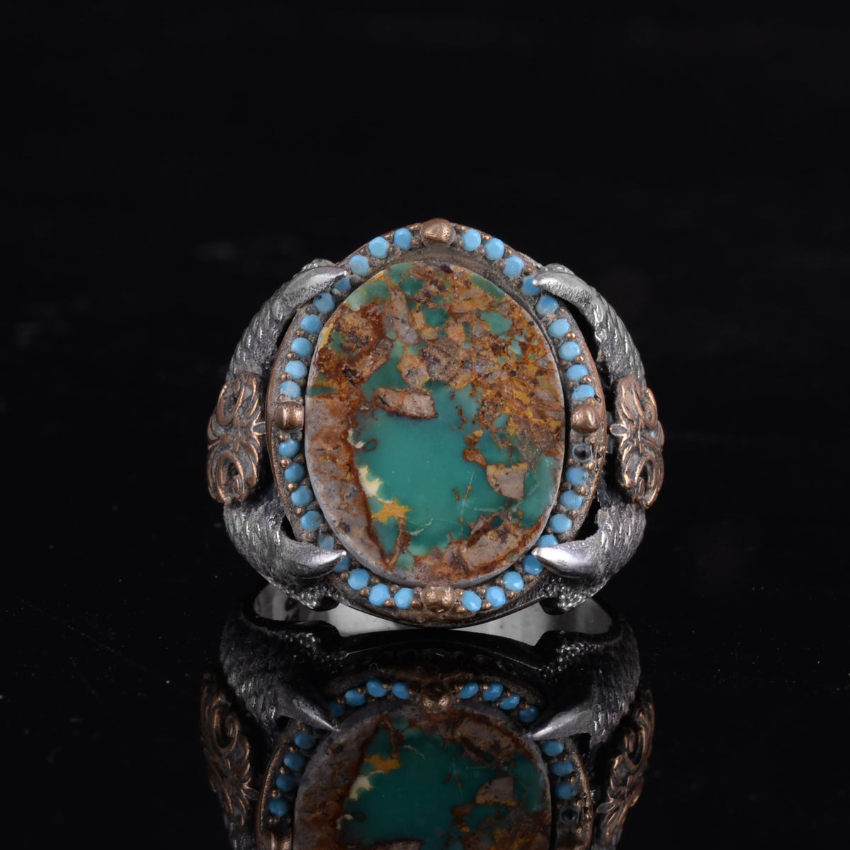 KAMBO Raw Turquoise Oval Stone Claw Setting – Bronze Detailed Silver Artisan Men's Expression Accessory (E) — 5