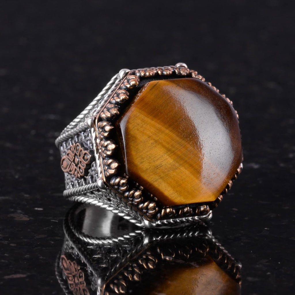Natural Tiger's Eye Stone Ring - Octagonal Design - Handmade 925 Sterling Silver Jewelry — 5