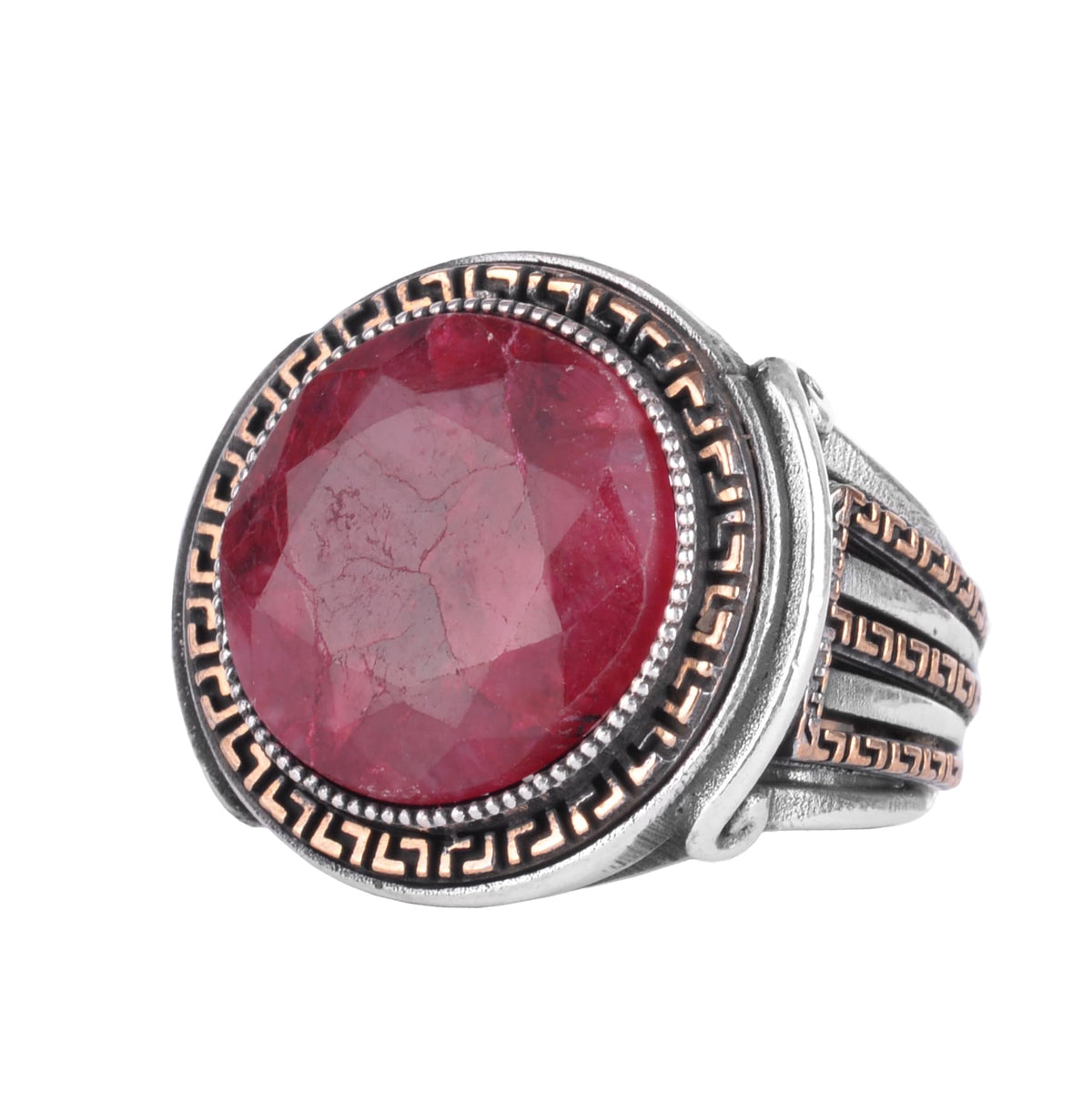 KAMBO Stone Round Men's Ring 925 Sterling Silver – Cabochon Handmade Vintage Greek Pattern Statement Ring (Ruby)