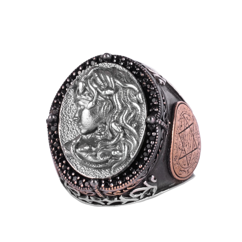 KAMBO Large Men's 925 Sterling Silver Ring – Bronze Star of David Detail – Symbolic Statement Ring (Medusa)
