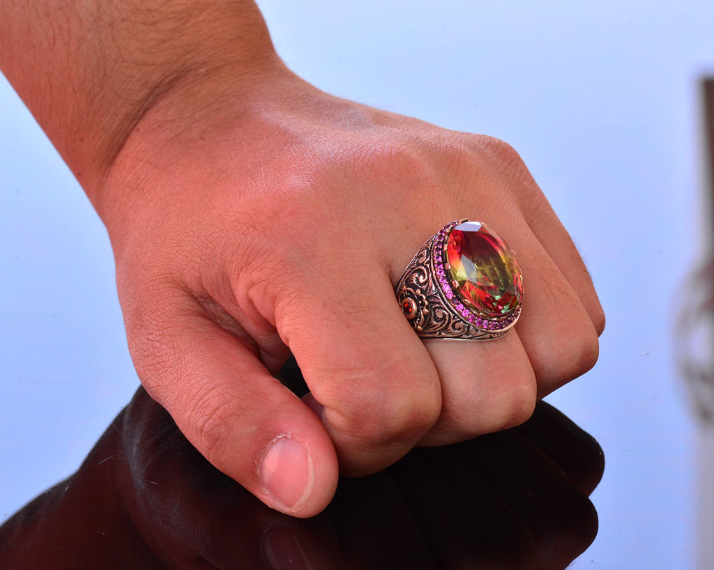 925 Sterling Silver King Ring - Multicolored Artificial Stone - Handmade Men's Jewelry — 7