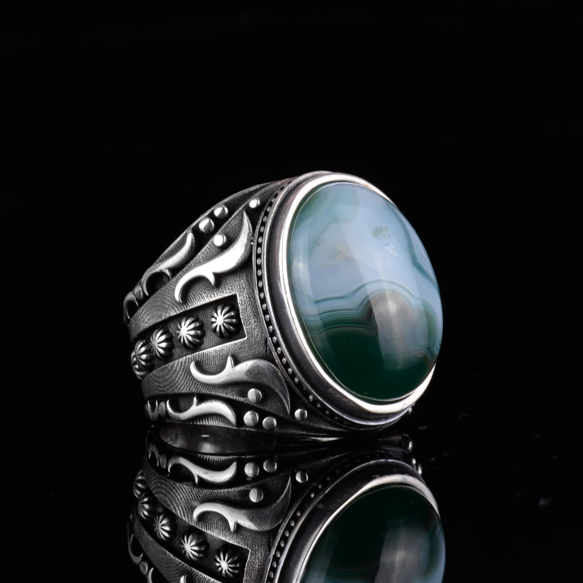 KAMBO Men's Natural Agate Ring – 925 Sterling Silver Flower Pattern Ring – Men's Handmade Vintage Style Statement Ring (Agate-10) — 5