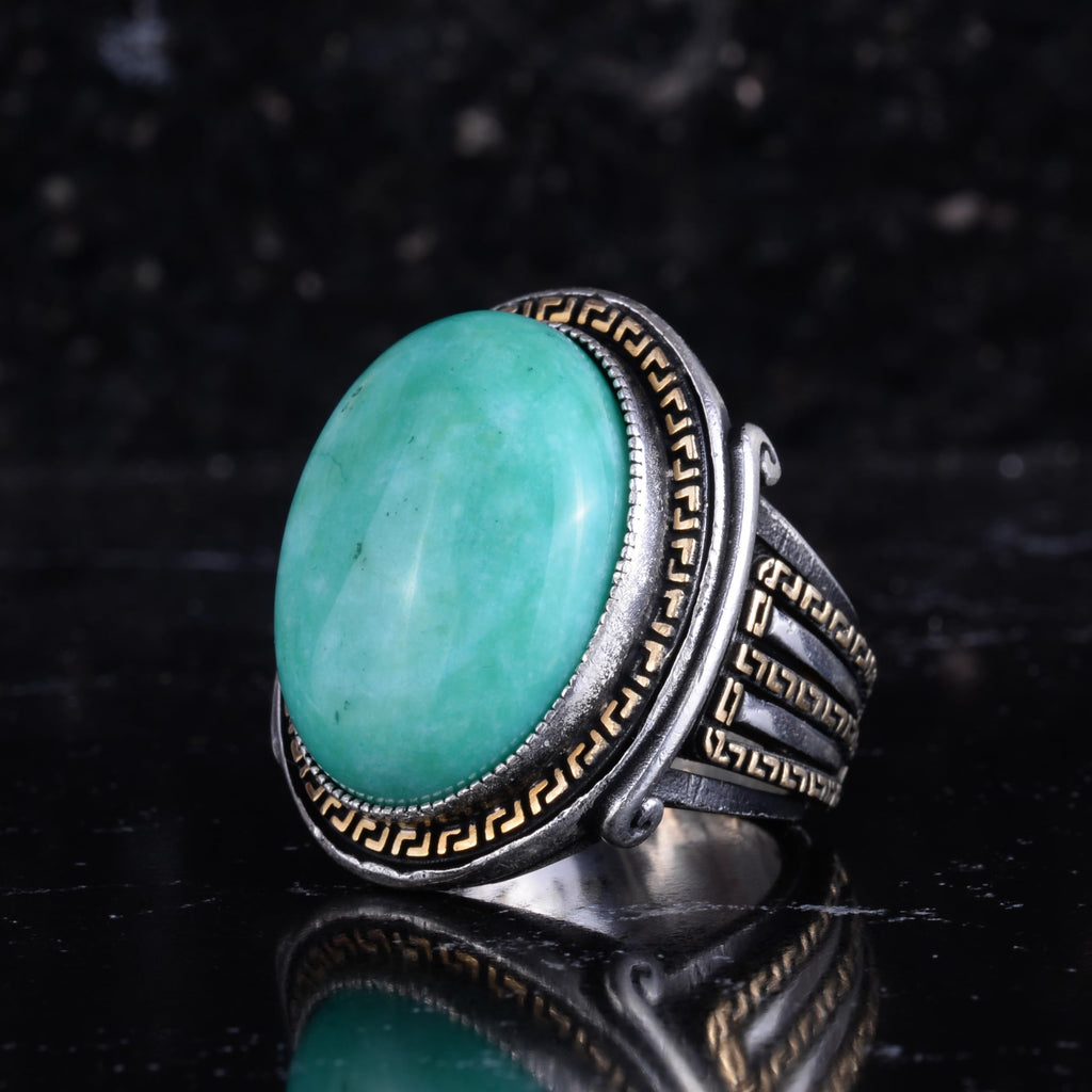 KAMBO Men's Genuine Natural Stone Ring – 925 Sterling Silver Large Statement Ring – Handmade Vintage Design – Dark Silver Ring (Amazonite) — 5