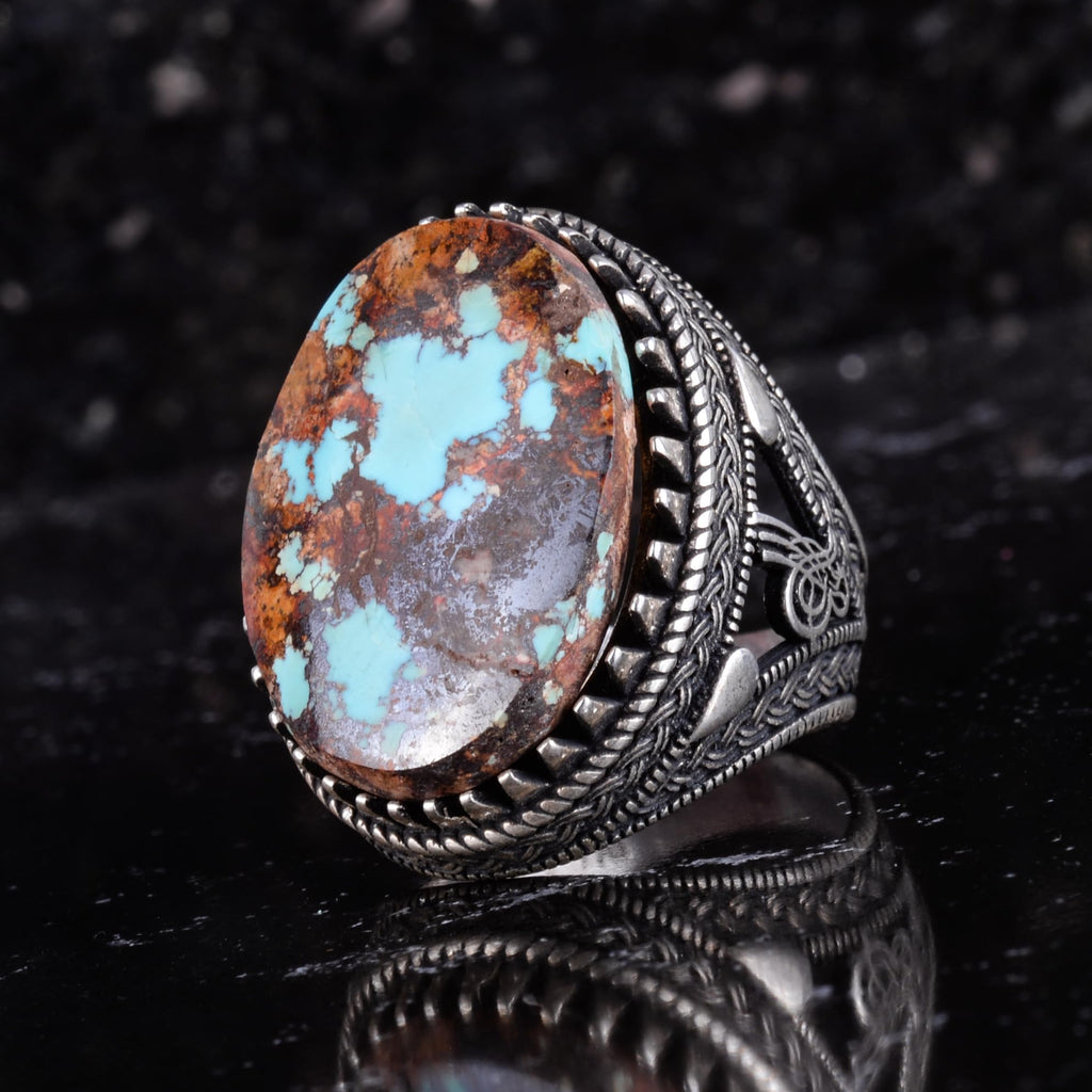 KAMBO Natural Turquoise Stone Ring 925 Sterling Silver Men's Ring Large Oval Stone Ottoman Tugra Style Handmade Vintage Design (Turquoise-2) — 4