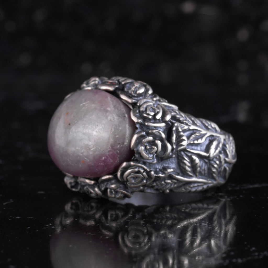 KAMBO 925 Sterling Silver Natural Stone Men's Ring – Handmade Floral Vintage Statement Ring (Ruby) — 5