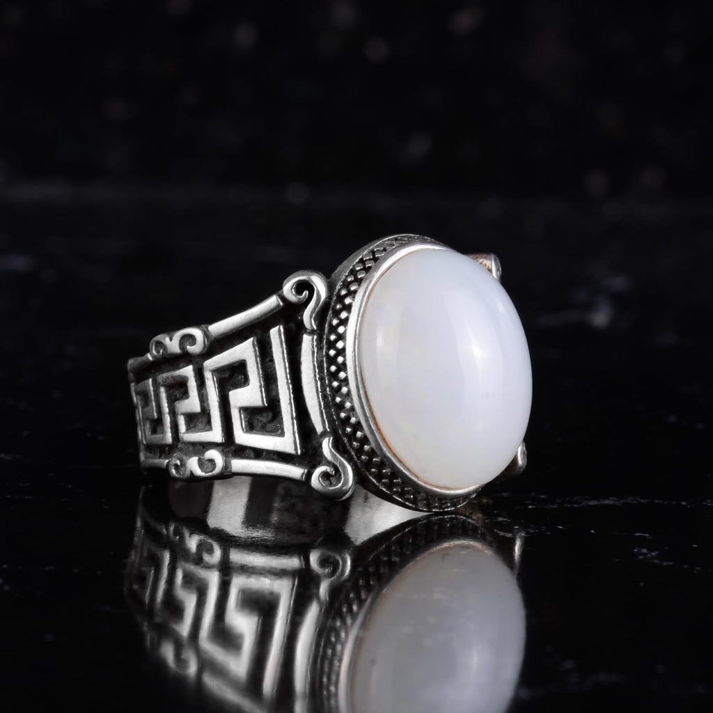 KAMBO Natural Opal Men's Ring 925 Sterling Silver Greek Key Pattern Seal Ring Oval White Stone Vintage Style — 6