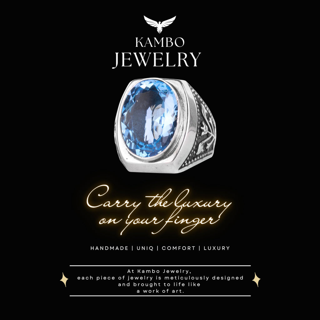 KAMBO Certified Natural Blue Topaz Stone Men's Ring 925 Sterling Silver Handmade Large Oval Stone Statement Ring — 8