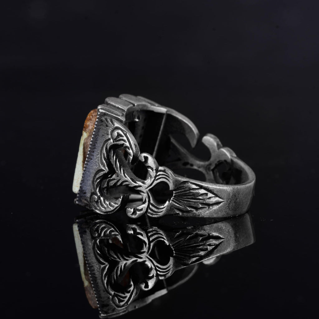 KAMBO Natural Arizona Turquoise 925 Sterling Silver Men's Ring – Rectangular Stone Ottoman Style Engraved Design (Style-2) — 7