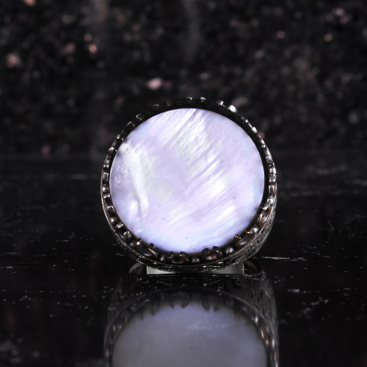 KAMBO Natural Stone Round Large Men's Ring – 925 Sterling Silver Handmade Ring – Statement Ring – Vintage Ottoman Style Men's Jewelry (Pearl) — 4