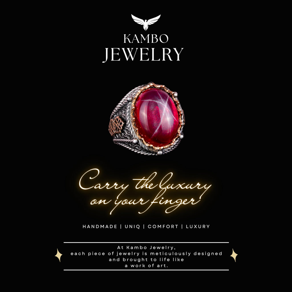 925 Sterling Silver Men's Ring, Handmade Natural Star Ruby Stone Ring — 7