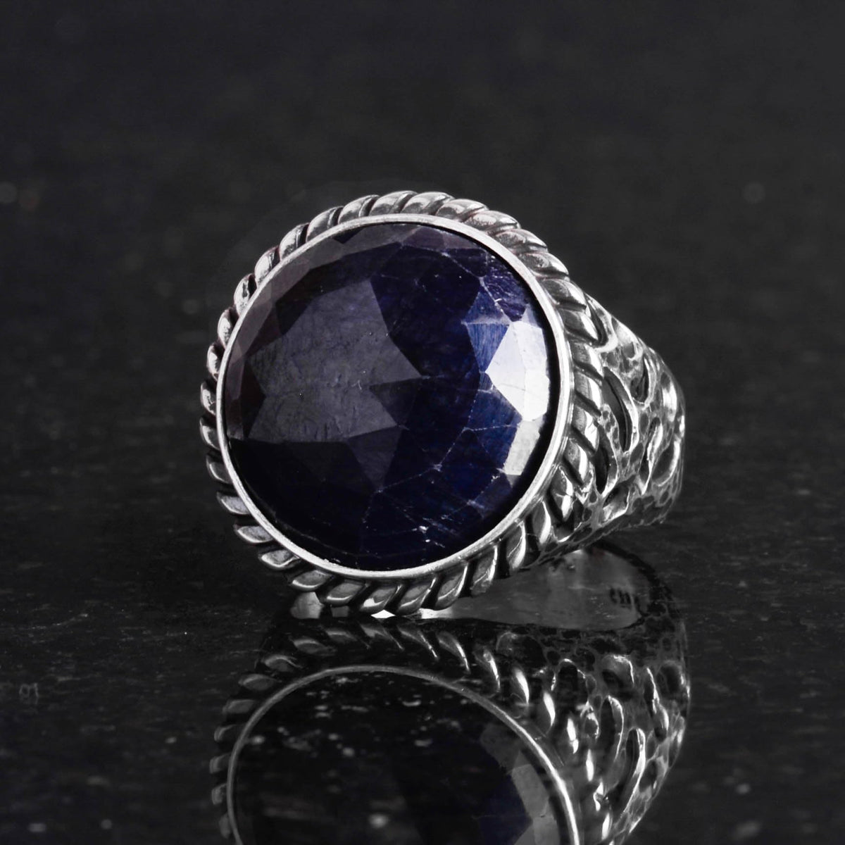 Natural Stone Ring - 925 Sterling Silver Men's Ring with Blue Sapphire — 5