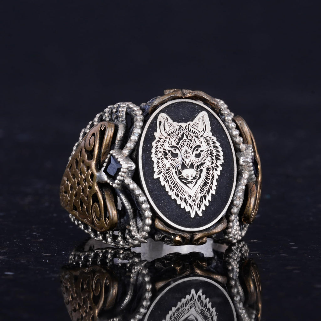 Silver Patterned Ring, Emblem - Elegant Cultural Design (Wolf Head) — 5