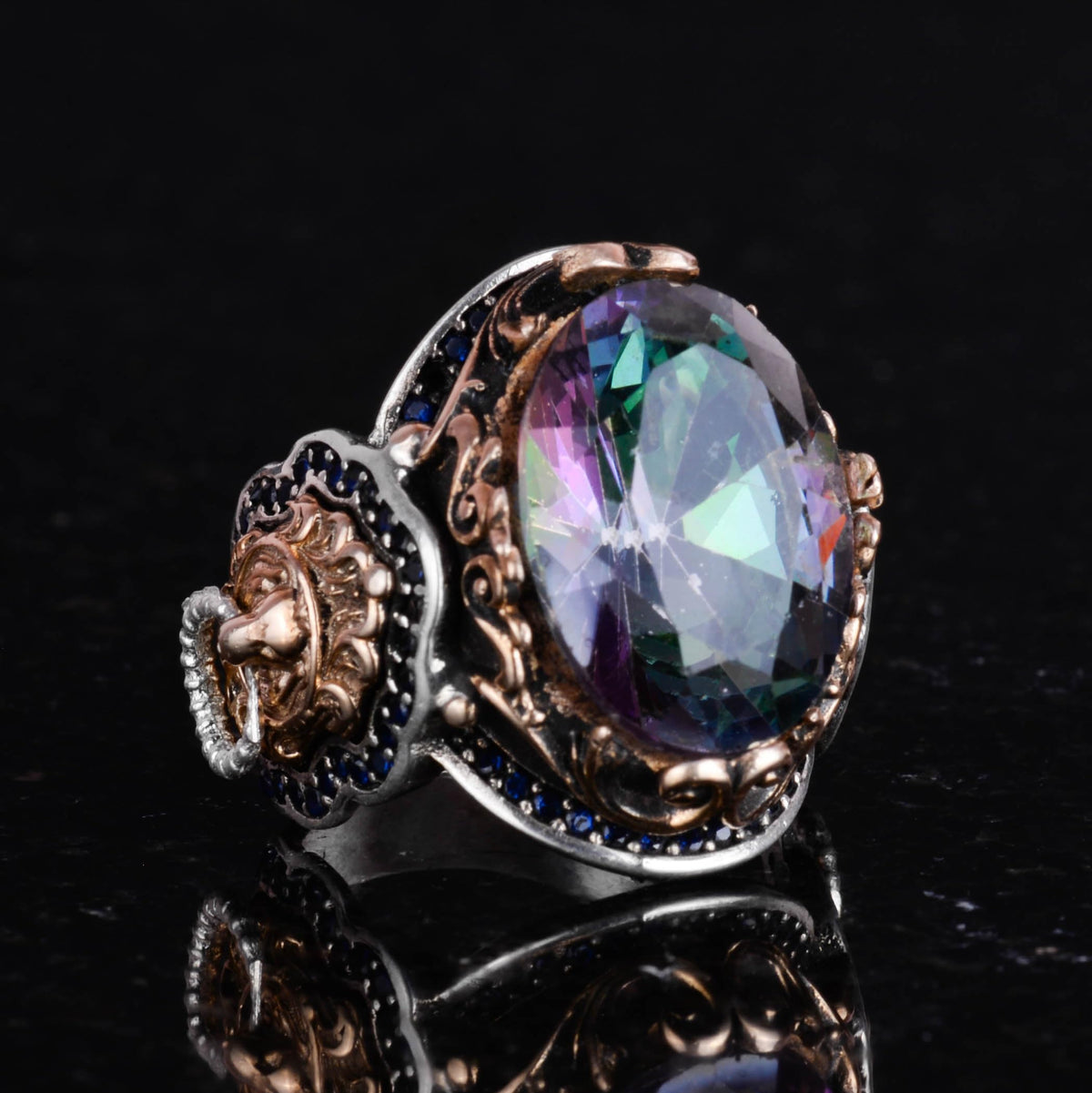 Artificial Mystic Topaz Stone Ring, Lion Head Men's Ring, 925 Sterling Silver Ring, Designer Silver Men's Ring — 4