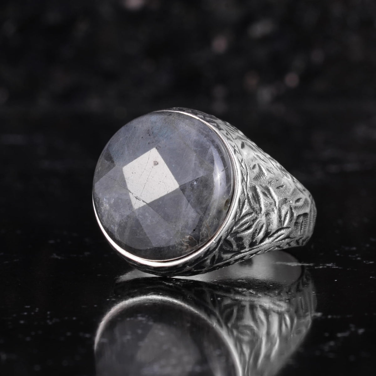 KAMBO Natural Stone Men's Ring 925 Sterling Silver Round Cabochon Handmade Statement Ring Stone (Labradorite) — 5