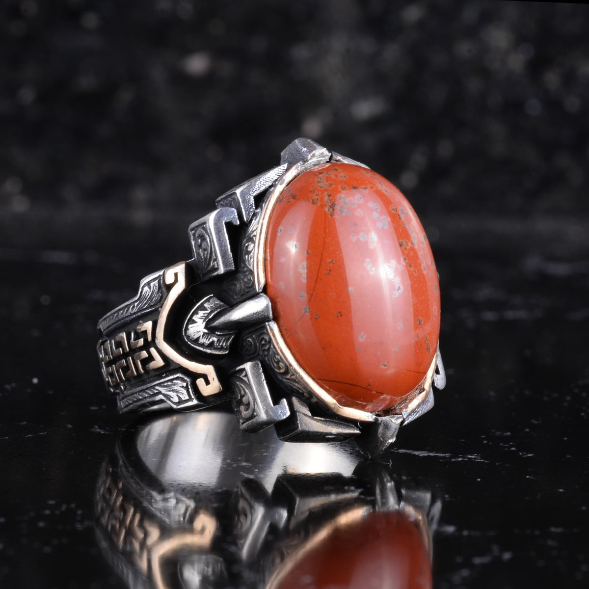 KAMBO Natural Stone Ring 925 Sterling Silver – Handmade Men's Statement Ring Healing Jewelry (Red Bloodstone) — 6