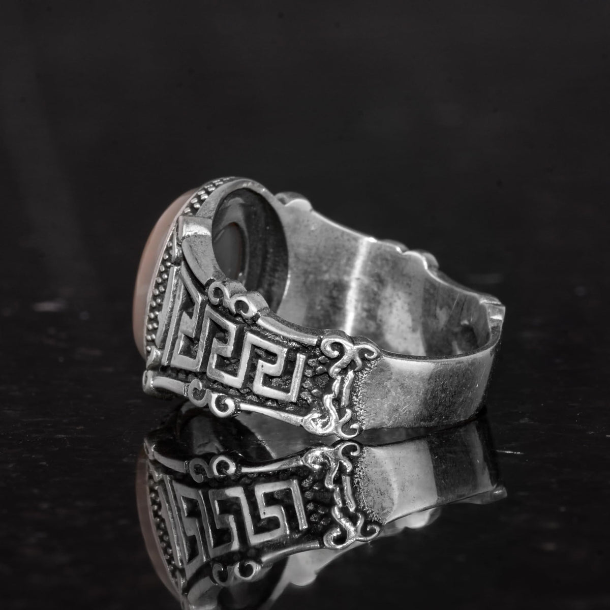 Handmade 925 Sterling Silver Men's Ring with Natural Ethiopian Opal Stone - Labyrinth Design — 7