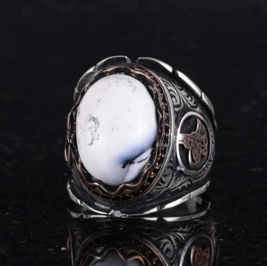 Natural Dendrite Agate Stone Ring, Ottoman Tughra Ring, 925 Sterling Silver Ring — 5