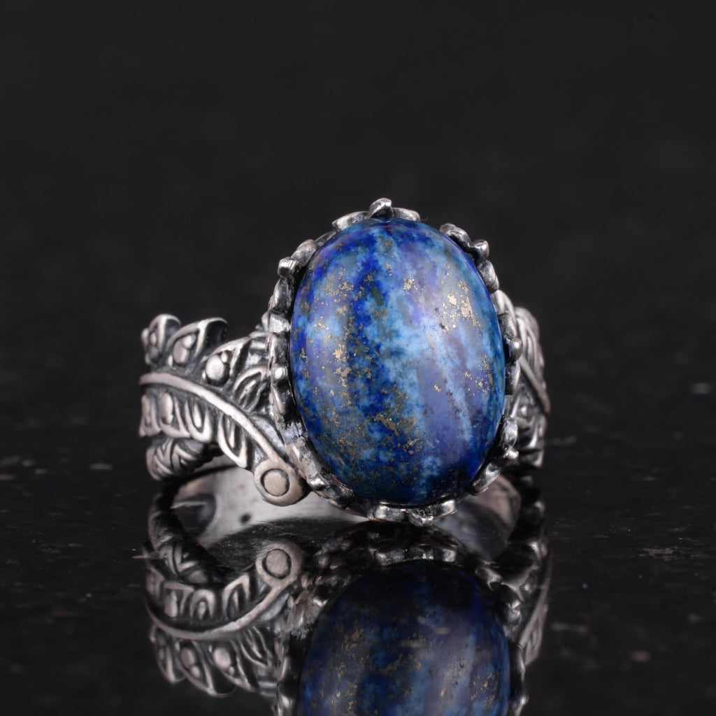 Bohemian Vintage Design Silver Women's Ring - Natural Lapis Lazuli Stone — 5