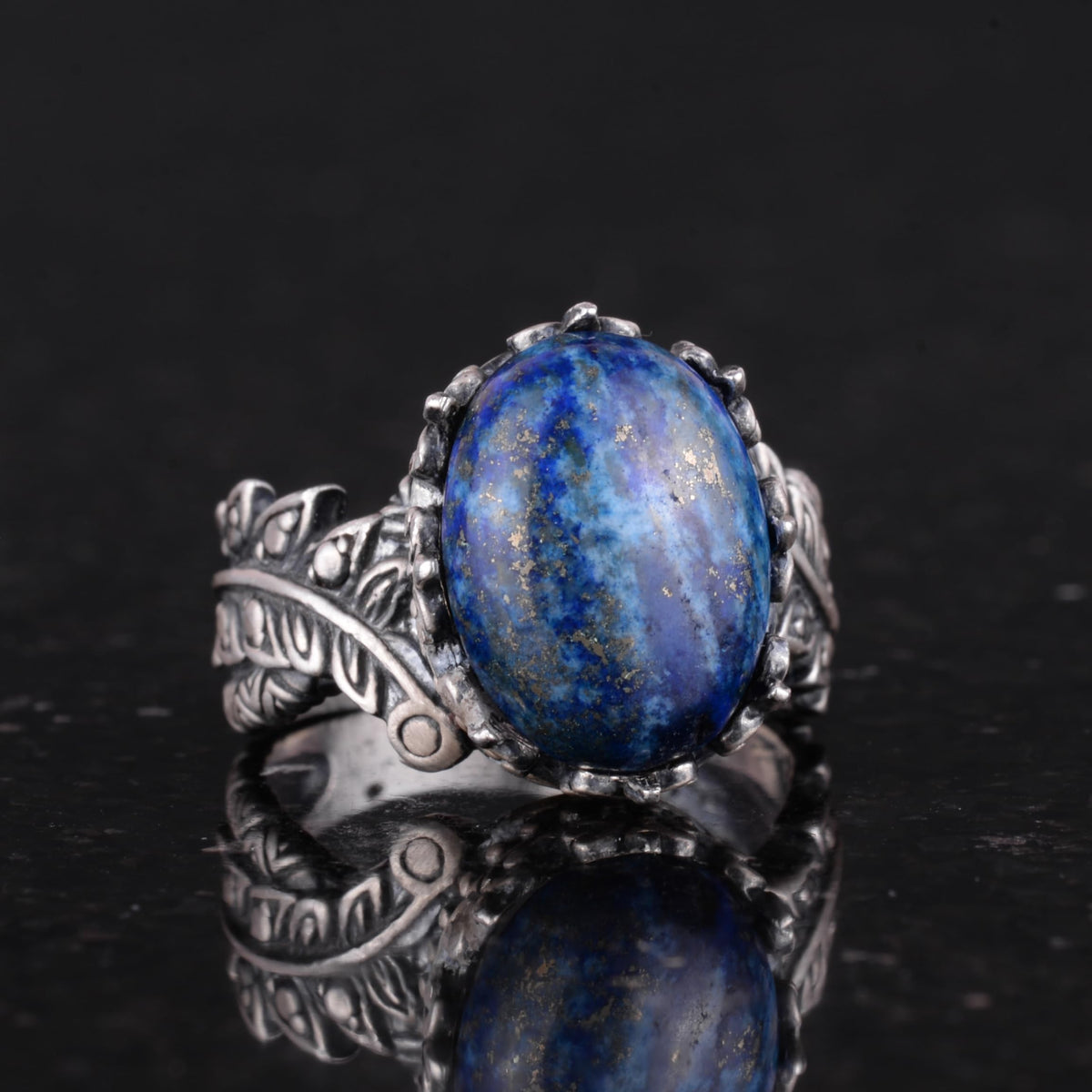Bohemian Vintage Design Silver Women's Ring - Natural Lapis Lazuli Stone — 5