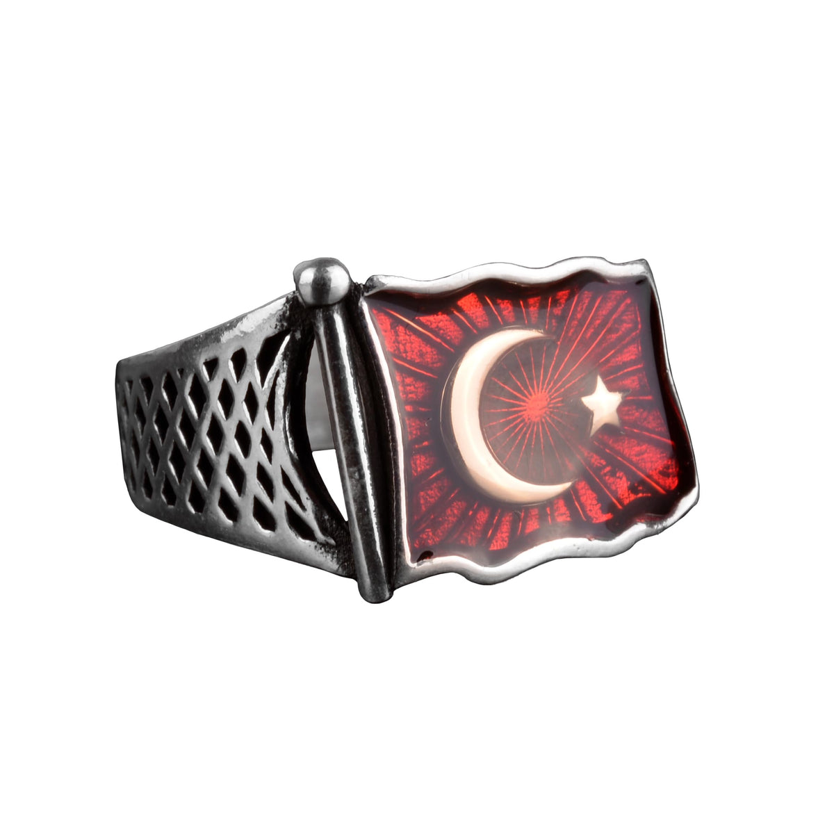 Crescent Star Flag Silver Men's Ring, Turkish Flag Motif Ring, 925 Sterling Silver Men's Ring