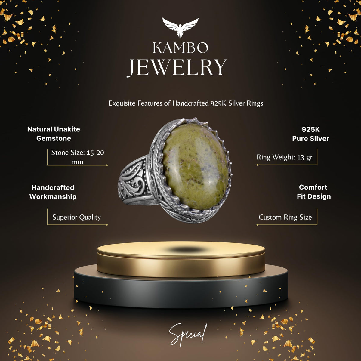 Handmade Unakite Stone Ring - 925 Sterling Silver Men's Ring — 5