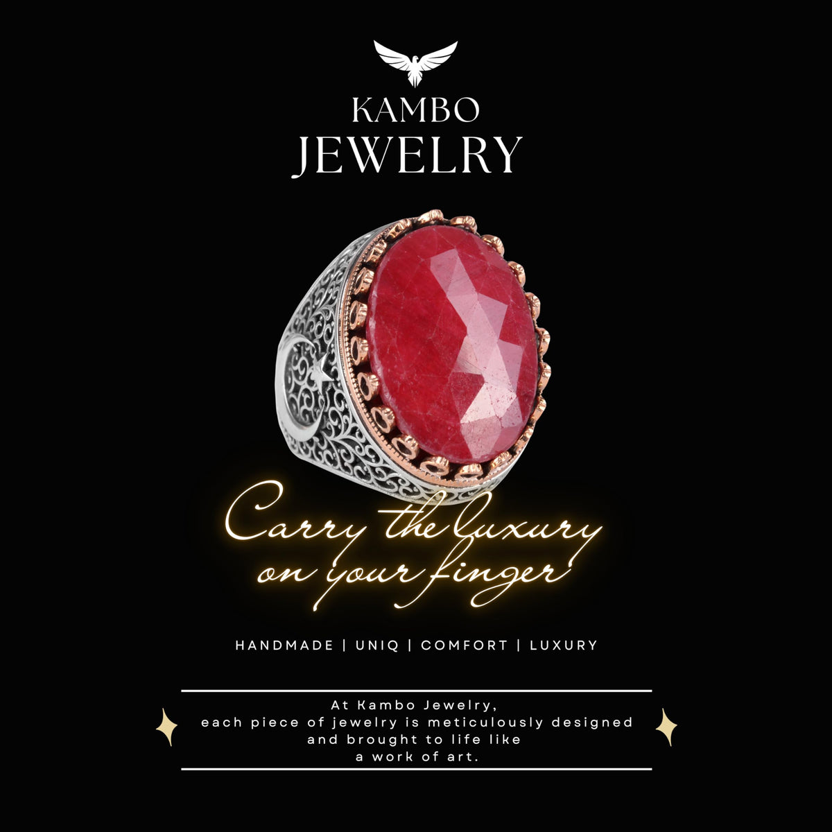 KAMBO 925 Sterling Silver Men's Natural Stone Ring - Moon and Star Design - Handmade Vintage Jewelry (Ruby) — 8