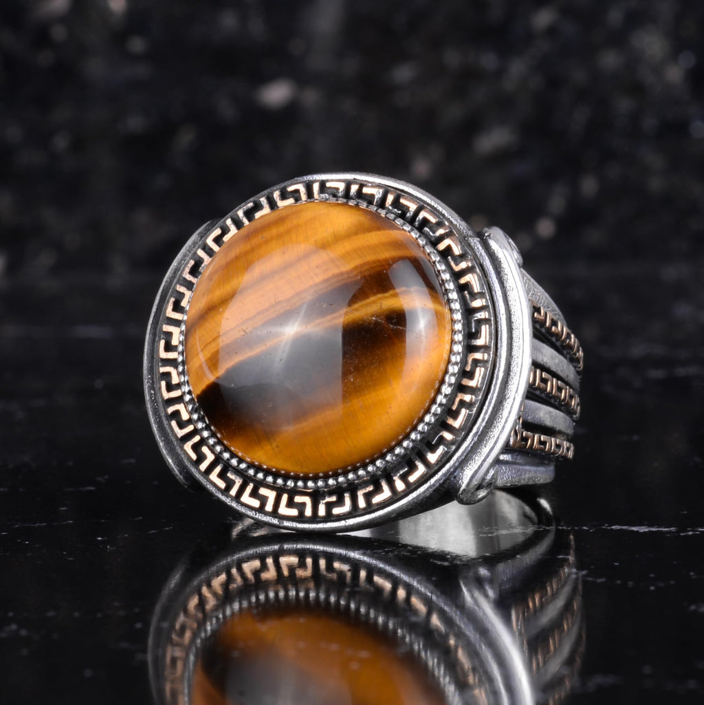 KAMBO Stone Round Men's Ring 925 Sterling Silver – Cabochon Handmade Vintage Greek Pattern Statement Ring (Tiger's Eye) — 5