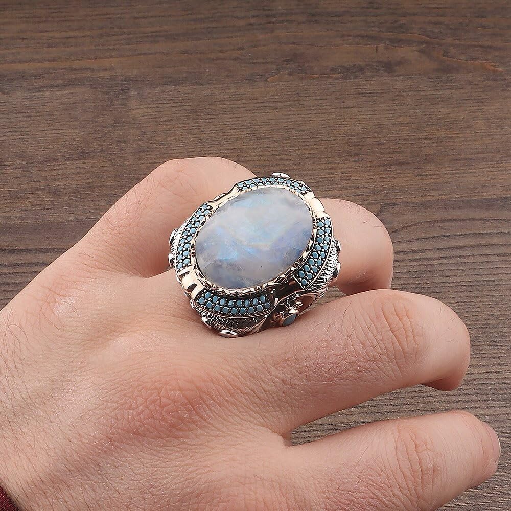 KAMBO Natural Moonstone 925 Sterling Silver Men's Ring – Large Oval Stone, Turquoise Speckled, Handmade Jewelry — 3