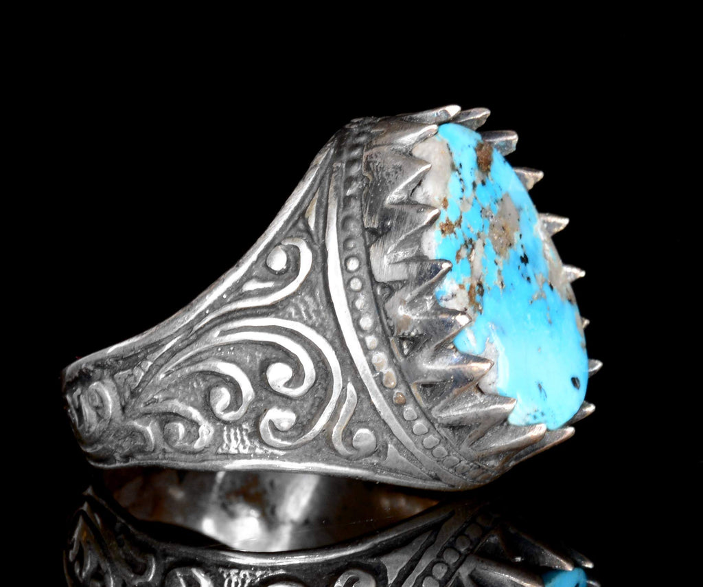 Natural Arizona Turquoise Stone, Silver Men's Ring — 4