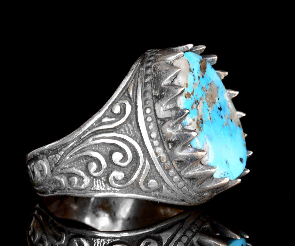 Natural Arizona Turquoise Stone, Silver Men's Ring — 4