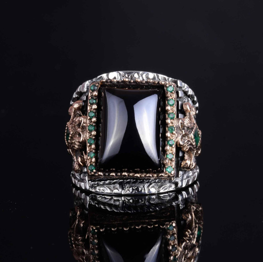 KAMBO Natural Onyx Stone 925 Sterling Silver Men's Ring – Handmade Ottoman Style Statement Ring – Vintage Turkish Jewelry — 5