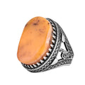 KAMBO Men's Natural Stone Ring – 925 Sterling Silver Large Statement Ring – Handmade Ottoman Pattern Jewelry (Amber)